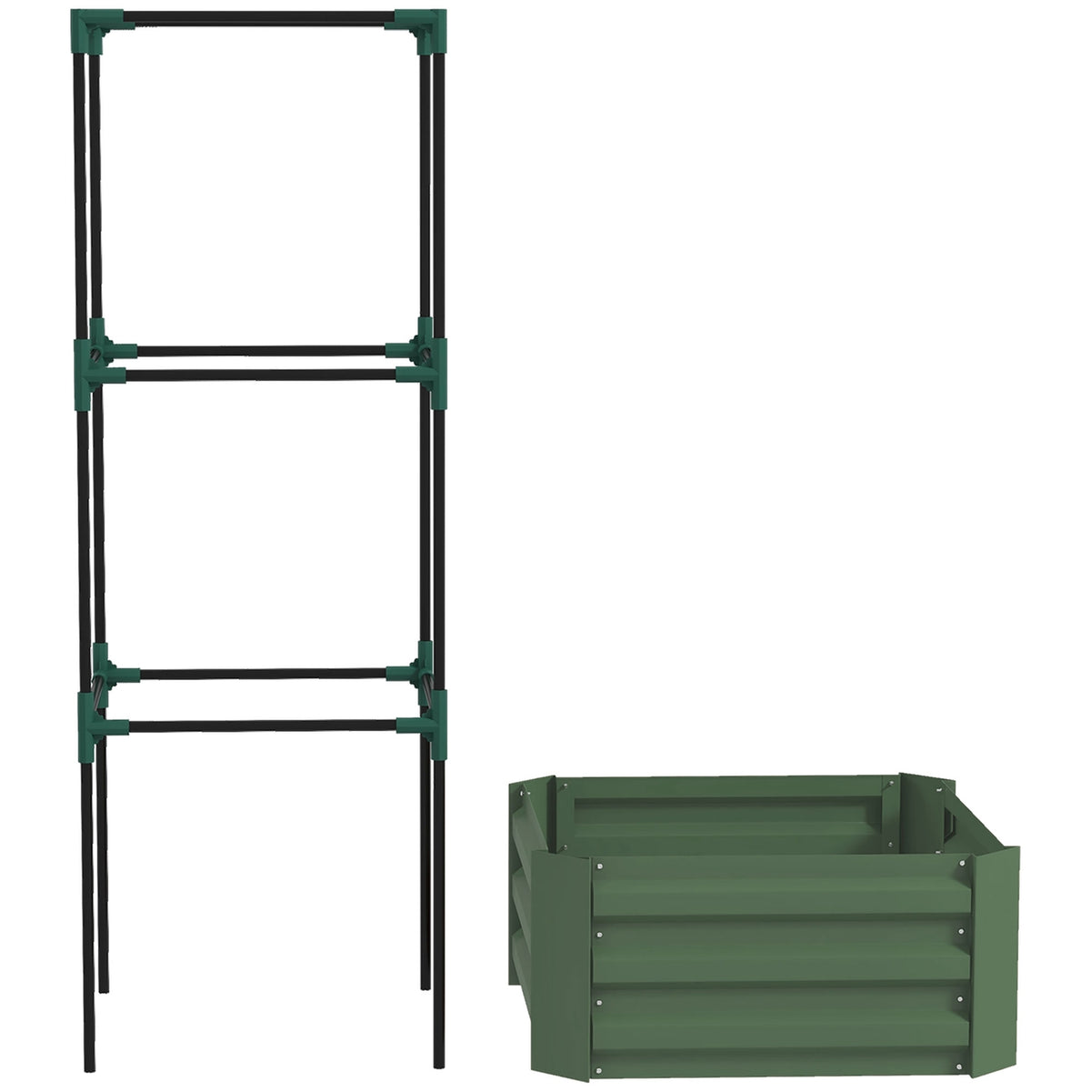 Raised Bed With Trellis, Flower Box With Open Bottom, Vegetable Bed, Plant Box, Herb Bed For Garden, Balcony, Galvanized Steel, Green