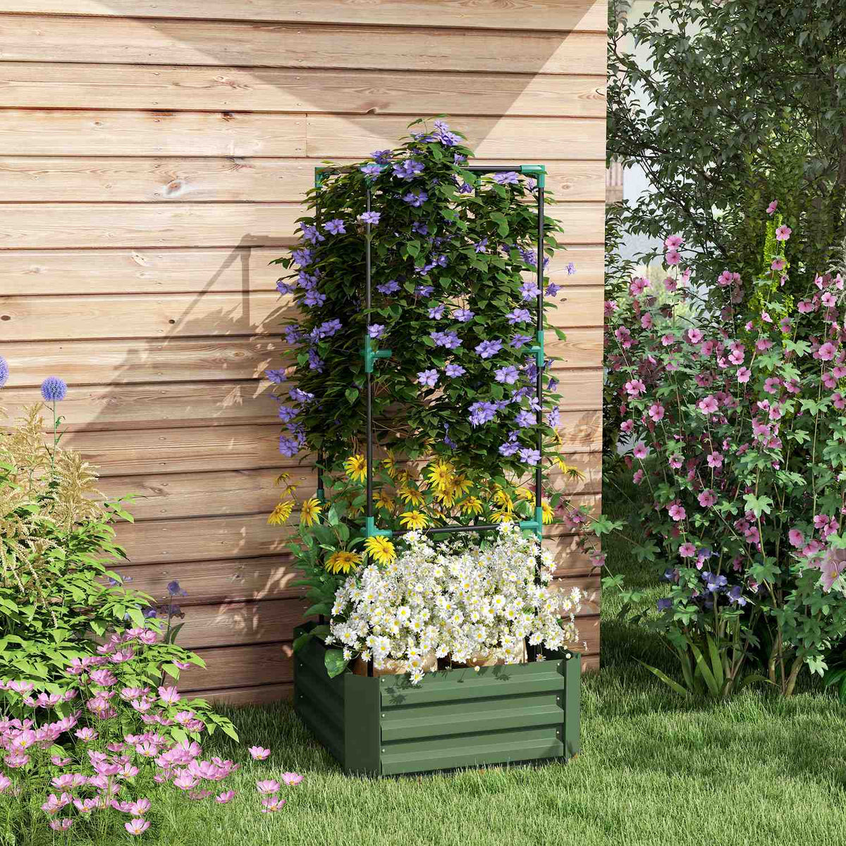 Raised Bed With Trellis, Flower Box With Open Bottom, Vegetable Bed, Plant Box, Herb Bed For Garden, Balcony, Galvanized Steel, Green