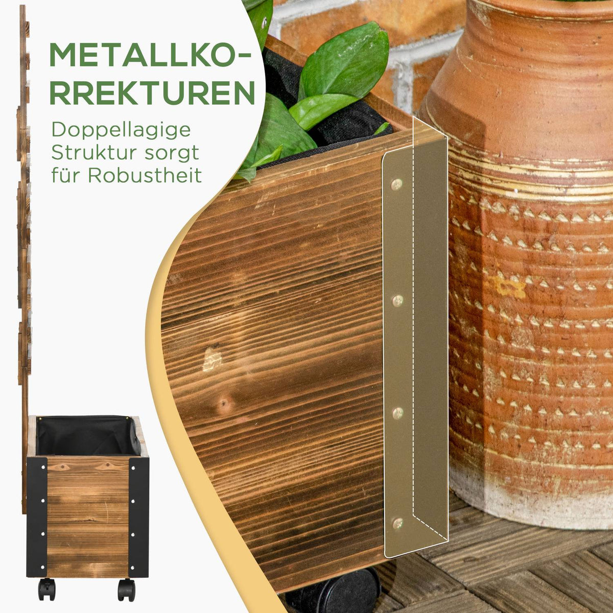 Raised Bed With Trellis, Flower Box With Wheels, Plant Box With Trellis, For Climbing Plants, Made Of Wood, Charred, 65 X 31 X 147 Cm