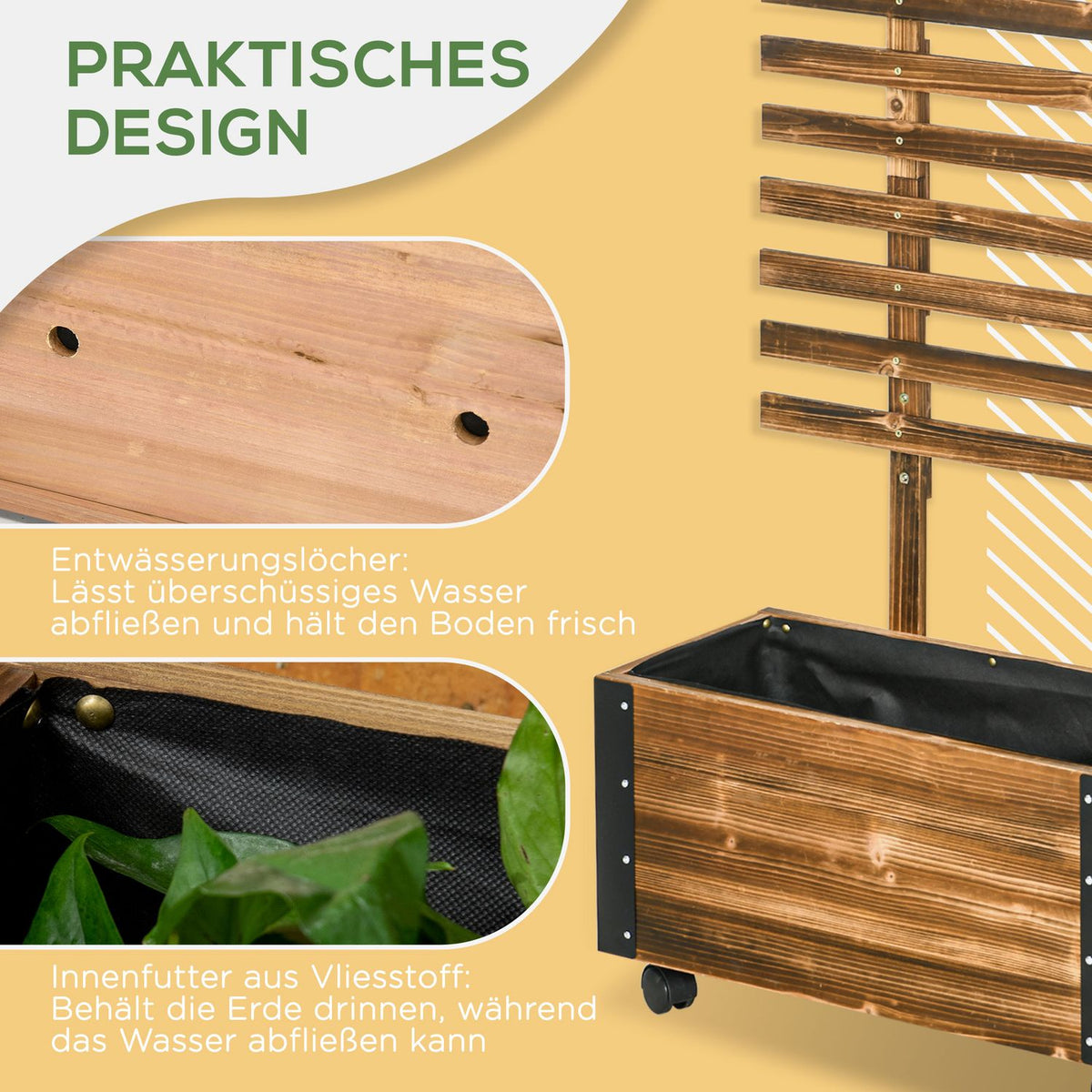 Raised Bed With Trellis, Flower Box With Wheels, Plant Box With Trellis, For Climbing Plants, Made Of Wood, Charred, 65 X 31 X 147 Cm