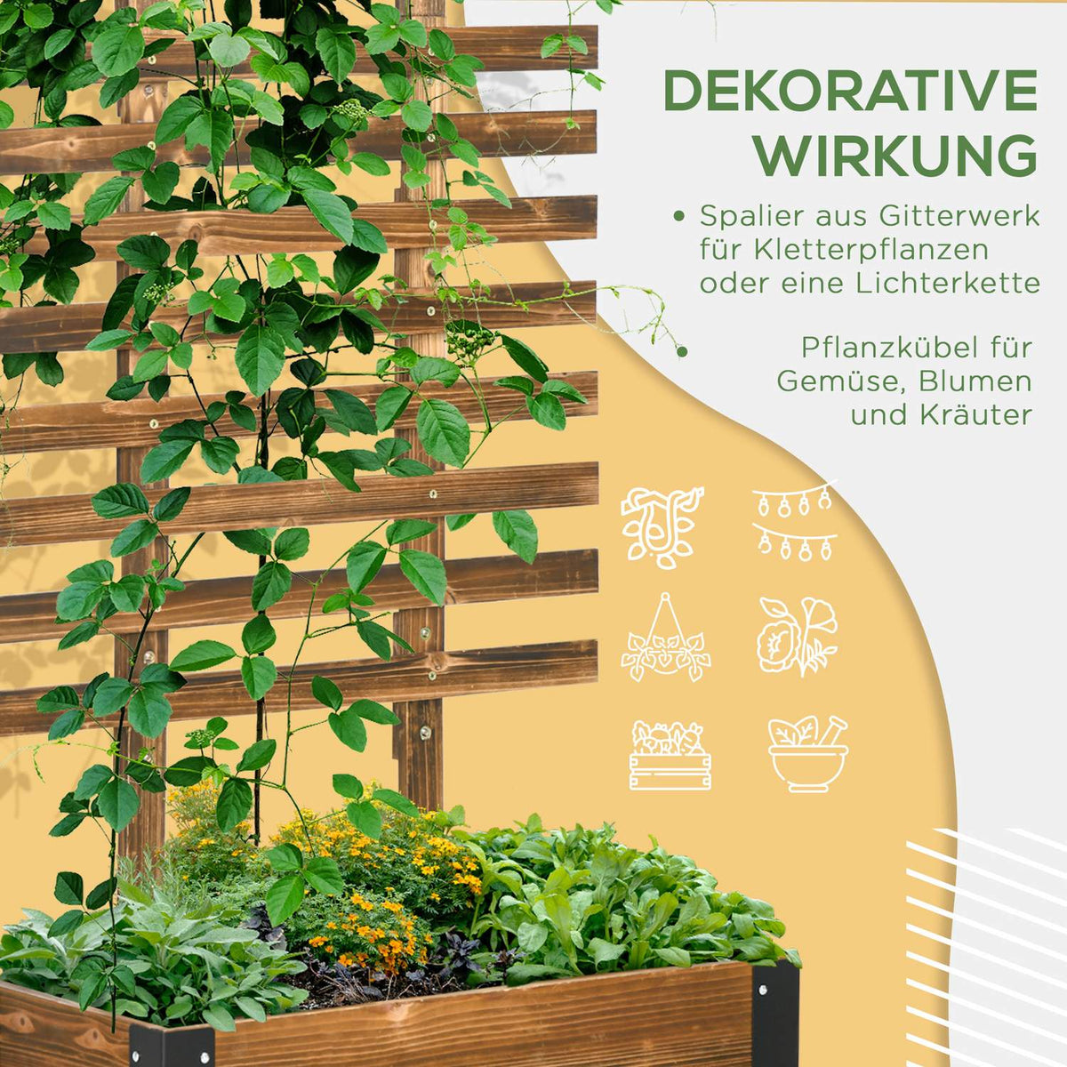 Raised Bed With Trellis, Flower Box With Wheels, Plant Box With Trellis, For Climbing Plants, Made Of Wood, Charred, 65 X 31 X 147 Cm
