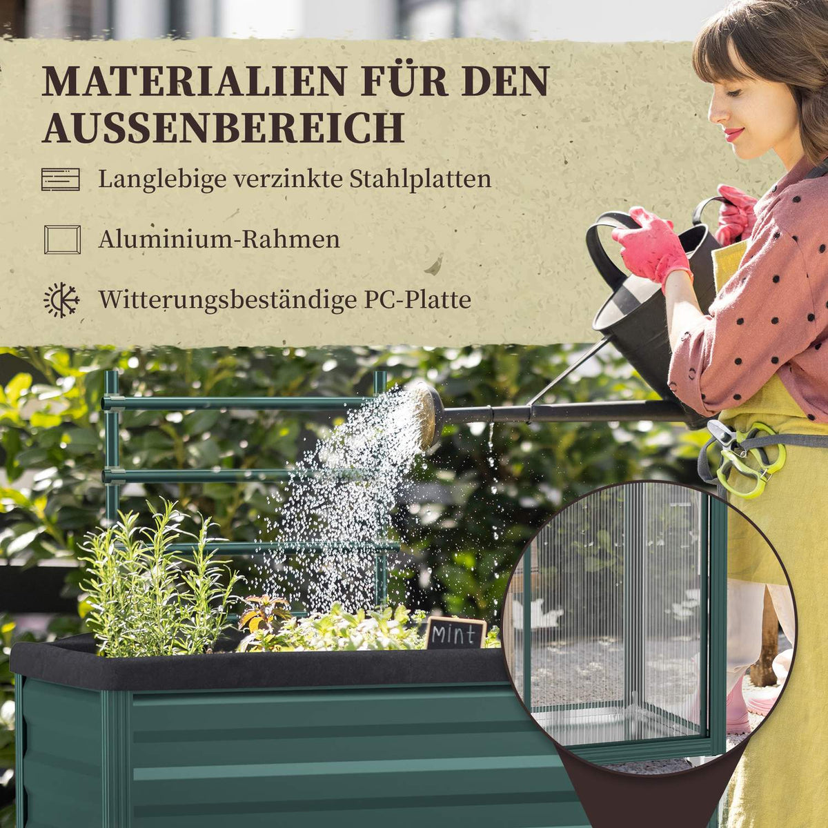Raised Bed With Trellis Flower Box With Wheels & Shelf, Galvanized Steel, For Balcony, Green, 85X40X135Cm