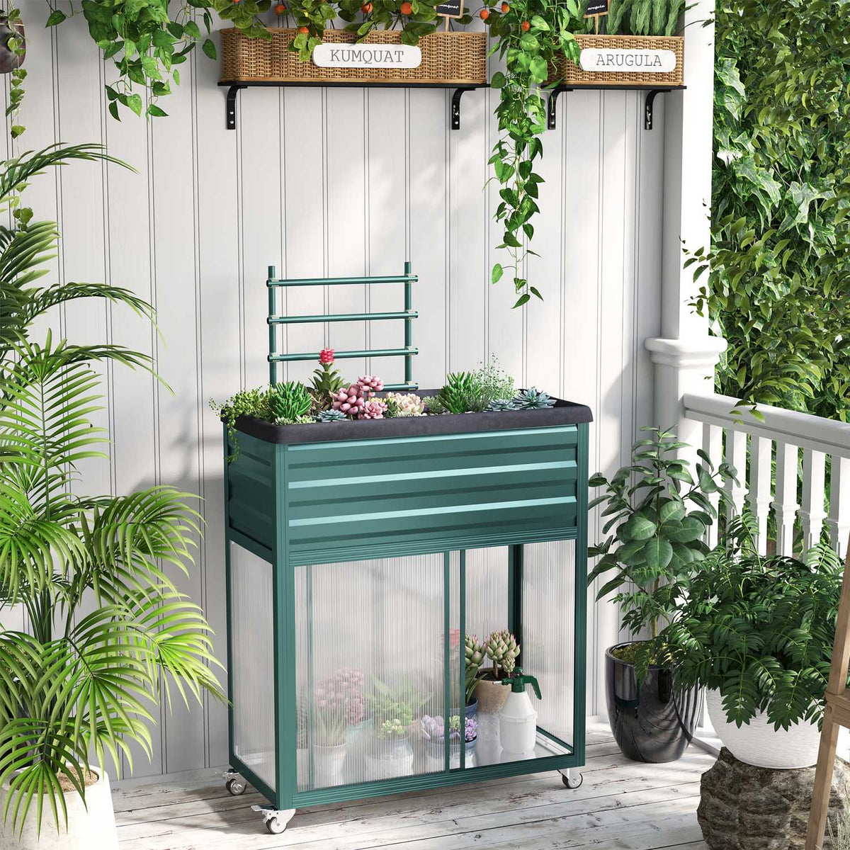 Raised Bed With Trellis Flower Box With Wheels & Shelf, Galvanized Steel, For Balcony, Green, 85X40X135Cm