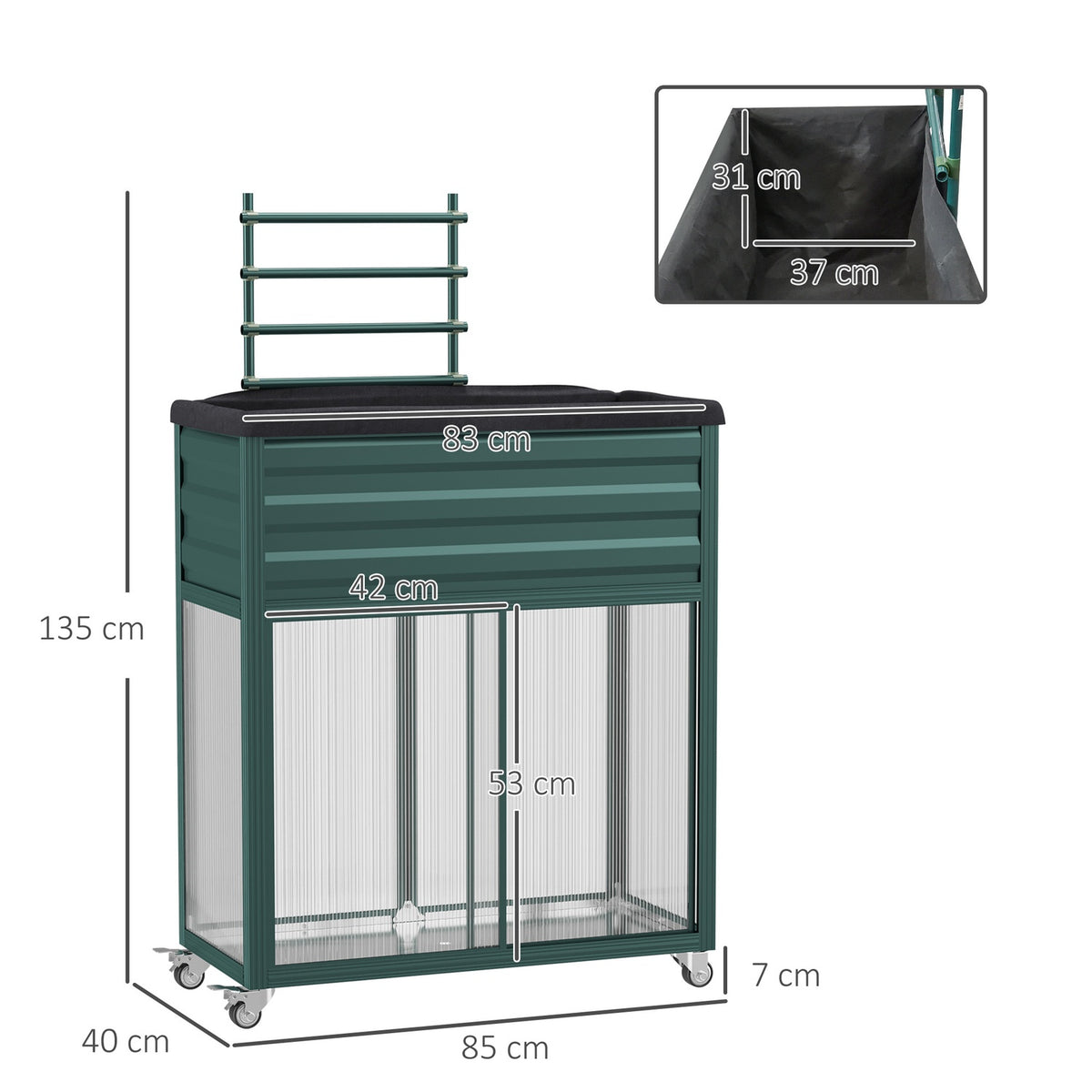Raised Bed With Trellis Flower Box With Wheels & Shelf, Galvanized Steel, For Balcony, Green, 85X40X135Cm