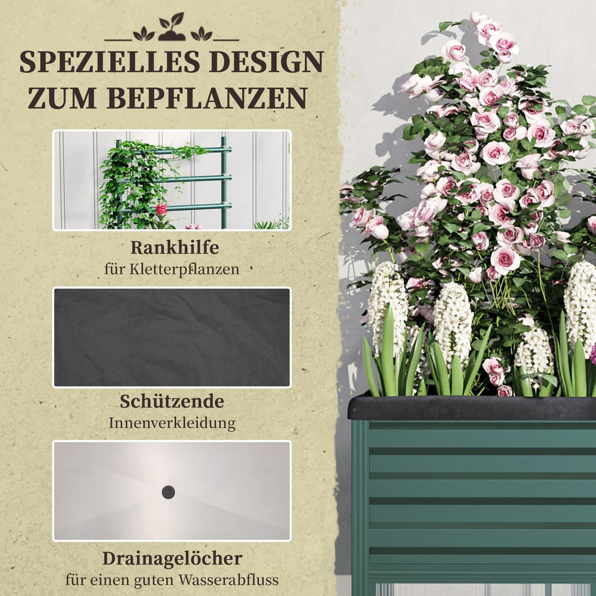 Raised Bed With Trellis Flower Box With Wheels & Shelf, Galvanized Steel, For Balcony, Green, 85X40X135Cm
