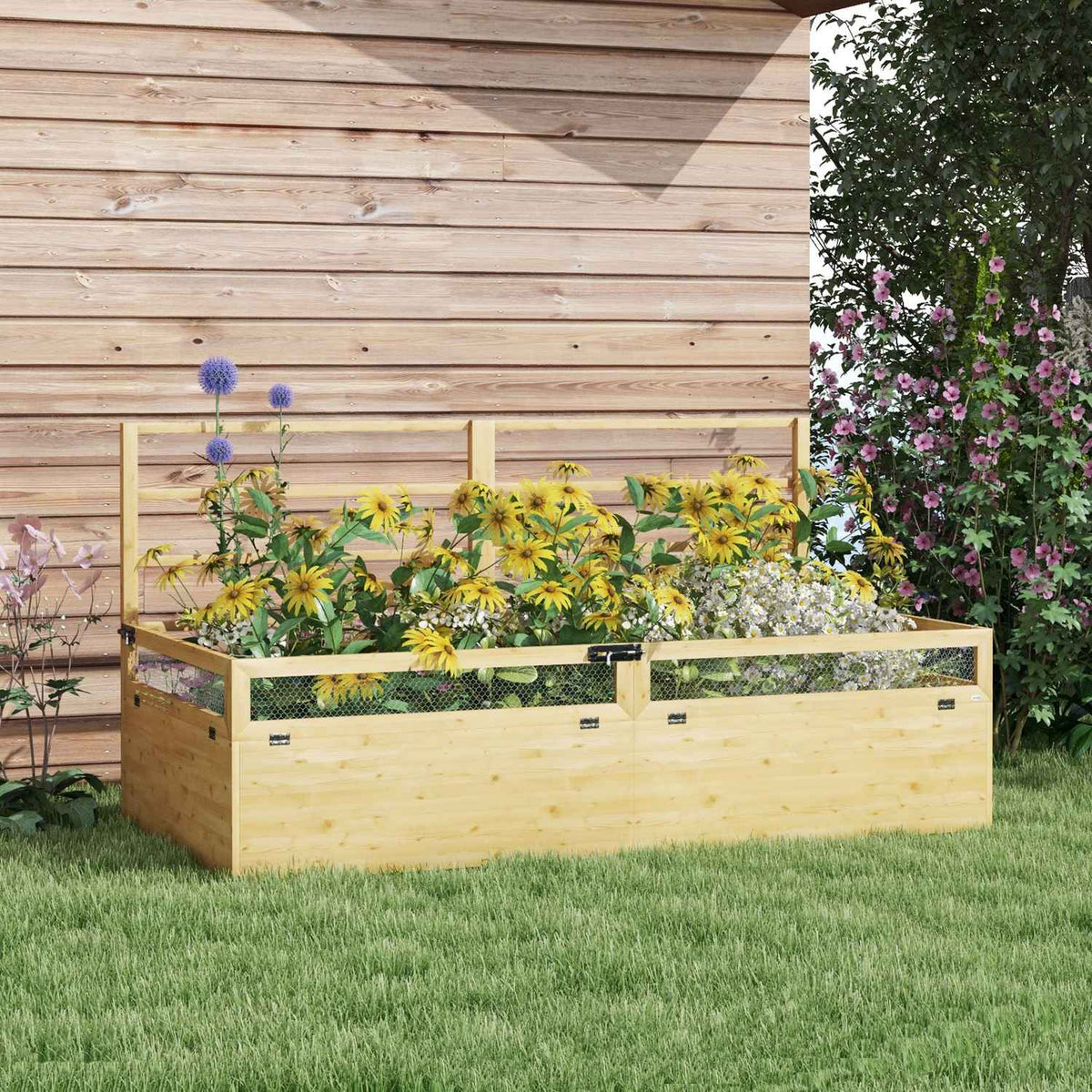 Raised Bed With Trellis, Herb Bed, Wooden Planter, Flower Box For Garden, Balcony, Natural Wood, 183 X 98.5 X 95 Cm