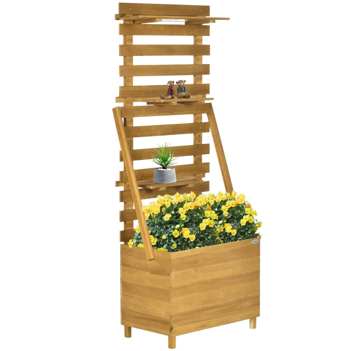 Raised Bed With Trellis, Plant Box With 3 Shelves, Flower Box With Trellis, For Climbing Plants, Made Of Wood, Brown, 63 X 39 X 160 Cm