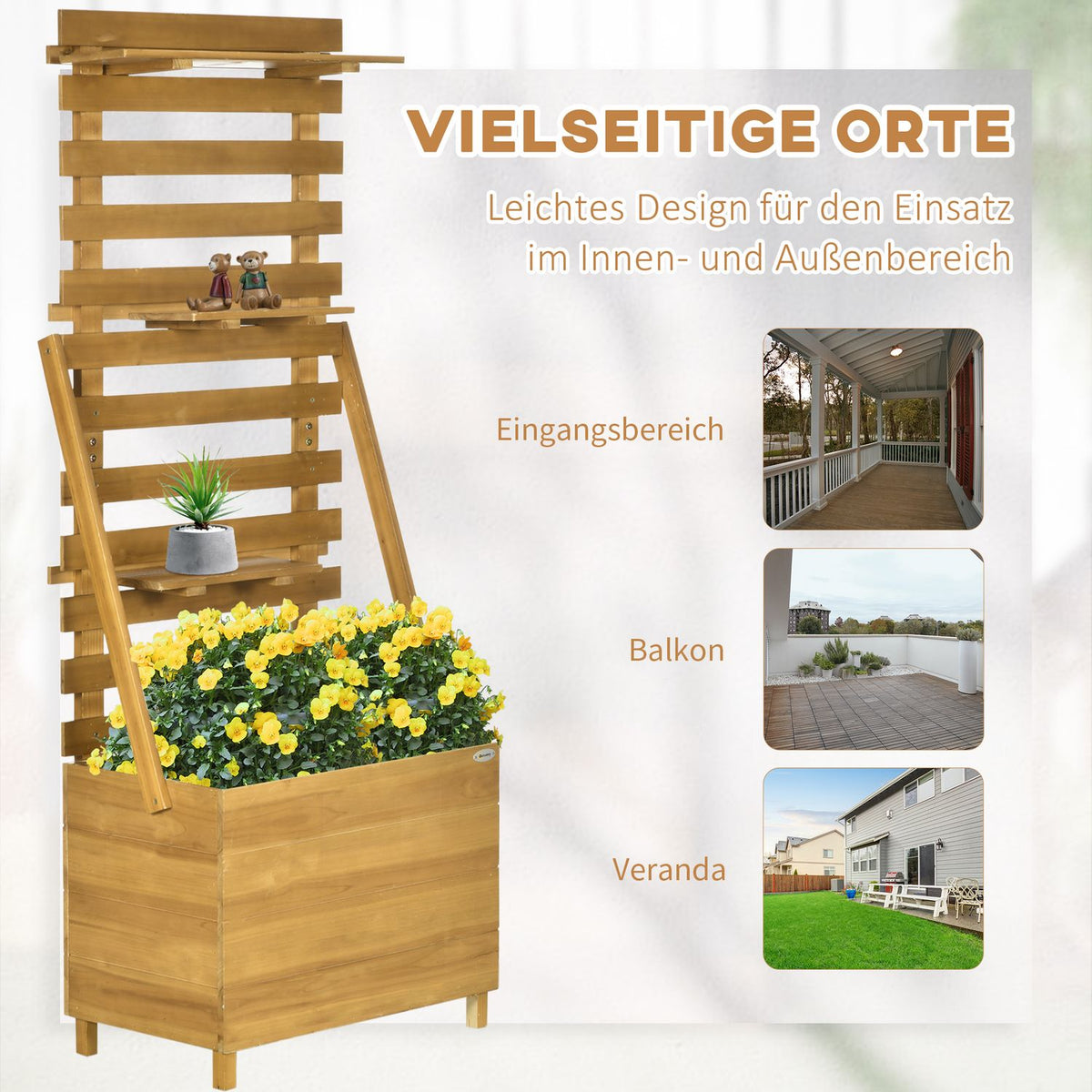 Raised Bed With Trellis, Plant Box With 3 Shelves, Flower Box With Trellis, For Climbing Plants, Made Of Wood, Brown, 63 X 39 X 160 Cm