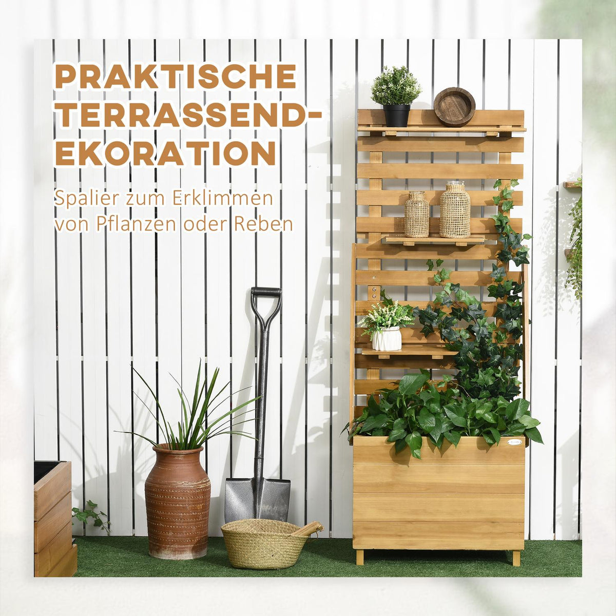 Raised Bed With Trellis, Plant Box With 3 Shelves, Flower Box With Trellis, For Climbing Plants, Made Of Wood, Brown, 63 X 39 X 160 Cm