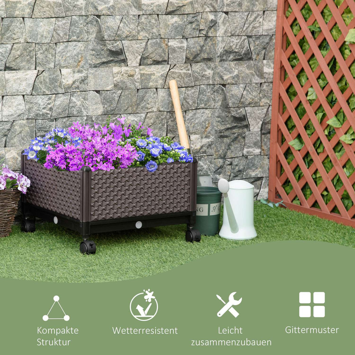 Raised Bed With Wheels Mobile Plant Box With Drainage Holes, Plastic Flower Pot, Brown, 50X50X33Cm