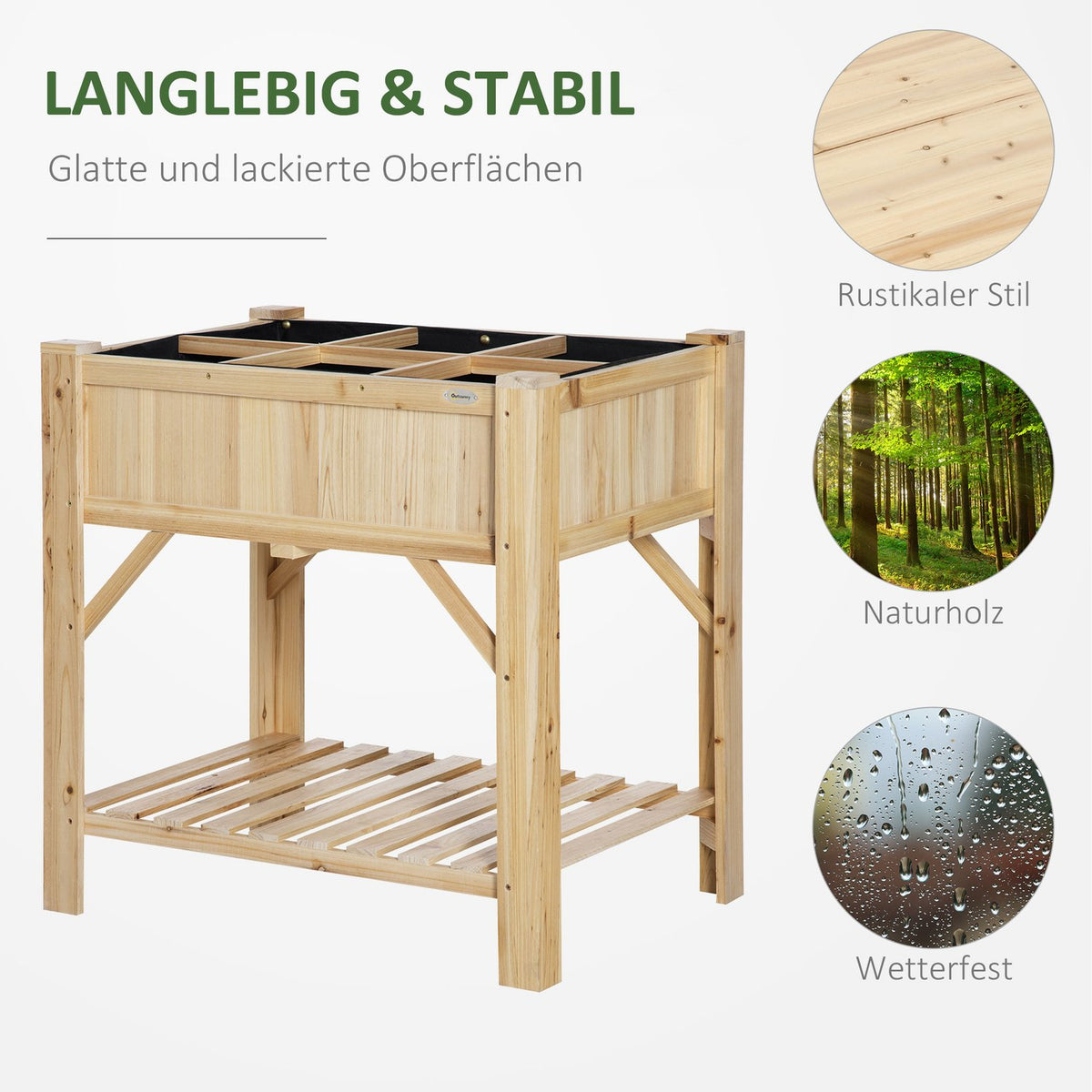 Raised Bed Wood With 6 Growing Areas, Plant Table & Flower Box, Non-Woven Fabric, Natural, 78.5X58X81Cm