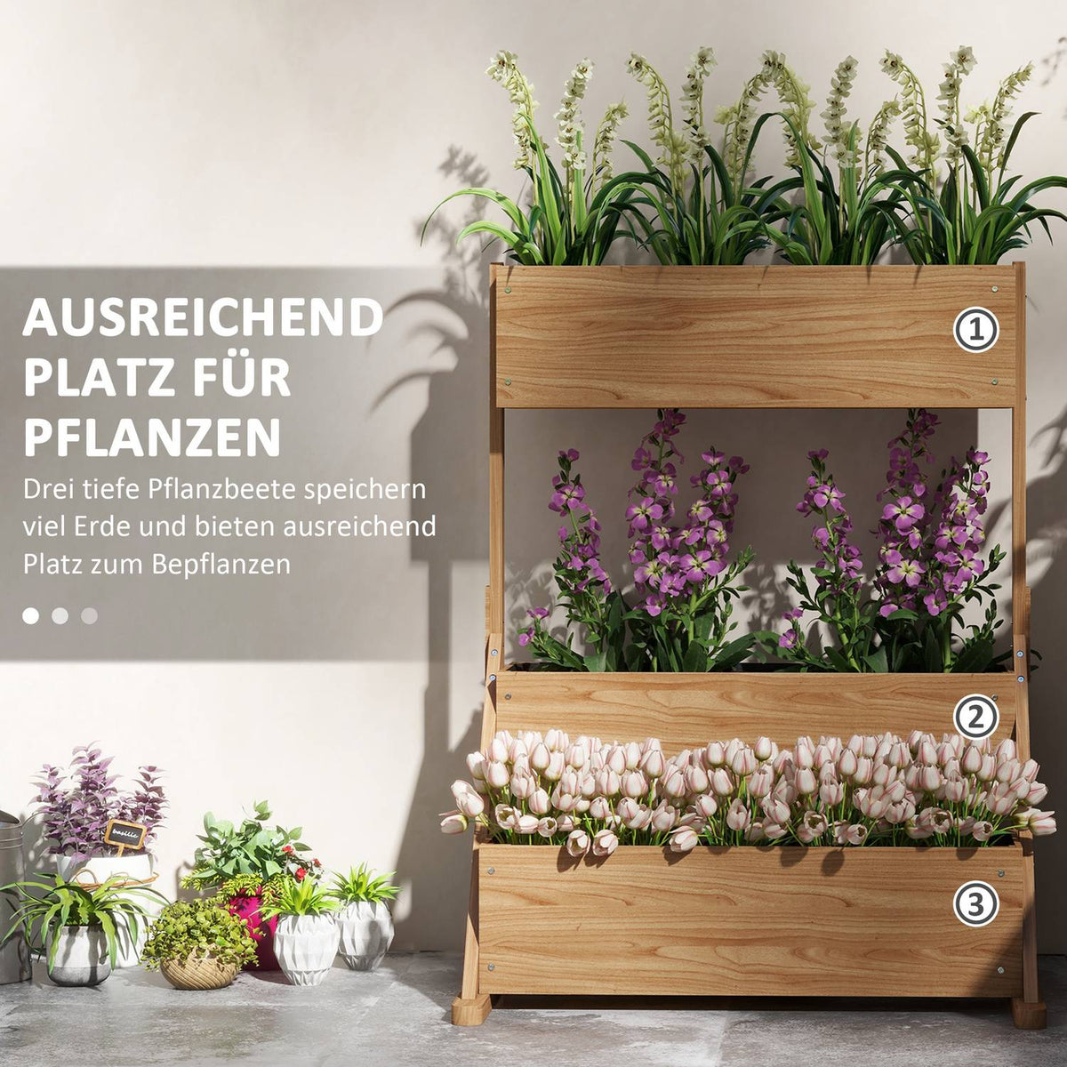 Raised Bed Wooden 3-Tier Flower Box With Inner Fleece, For Garden And Balcony, 108X80X140Cm, Natural