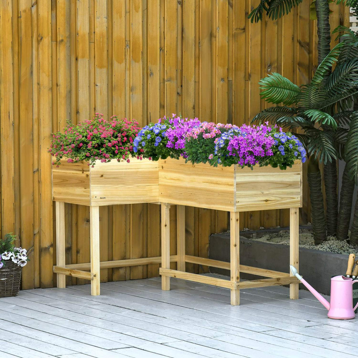 Raised Bed Wooden Plant Box With Irrigation System Non-Woven Fabric Flower Box Flower Pot Herb Bed Natural 122 X 91 X 81 Cm