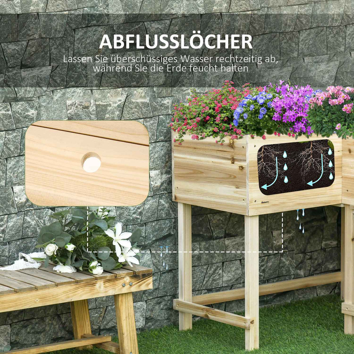Raised Bed Wooden Plant Box With Irrigation System Non-Woven Fabric Flower Box Flower Pot Herb Bed Natural 122 X 91 X 81 Cm