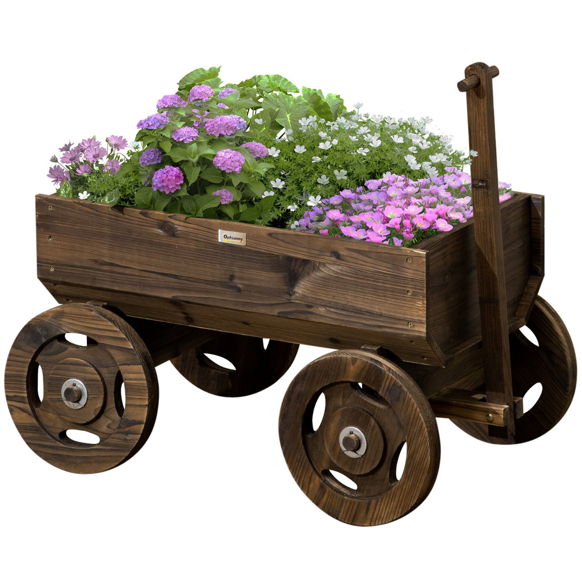 Raised Bed Wooden Trolley Design Flower Box, Plant Trolley, Load Capacity Up To 50 Kg, Charred, 120X53X55Cm
