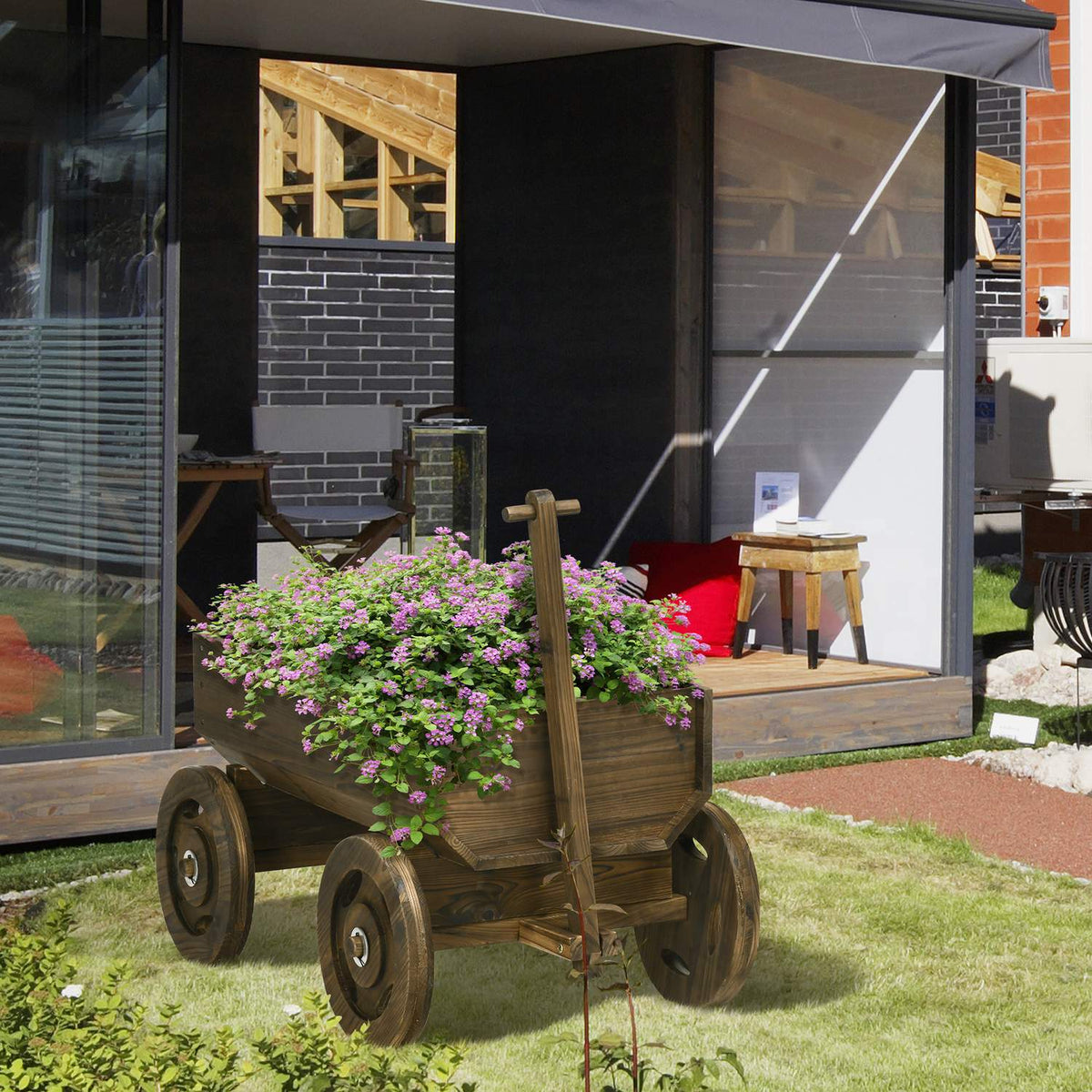 Raised Bed Wooden Trolley Design Flower Box, Plant Trolley, Load Capacity Up To 50 Kg, Charred, 120X53X55Cm