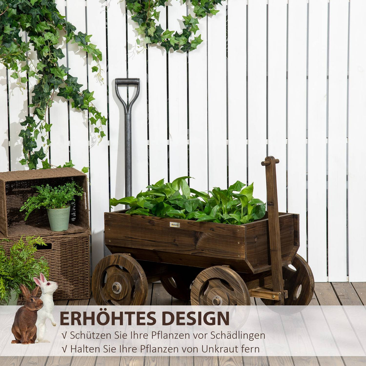 Raised Bed Wooden Trolley Design Flower Box, Plant Trolley, Load Capacity Up To 50 Kg, Charred, 120X53X55Cm