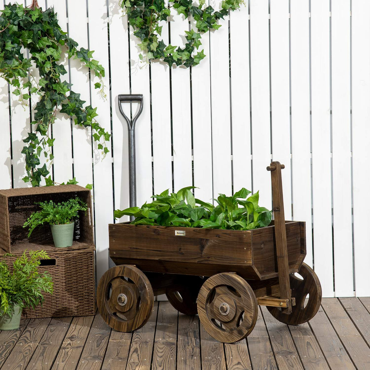 Raised Bed Wooden Trolley Design Flower Box, Plant Trolley, Load Capacity Up To 50 Kg, Charred, 120X53X55Cm