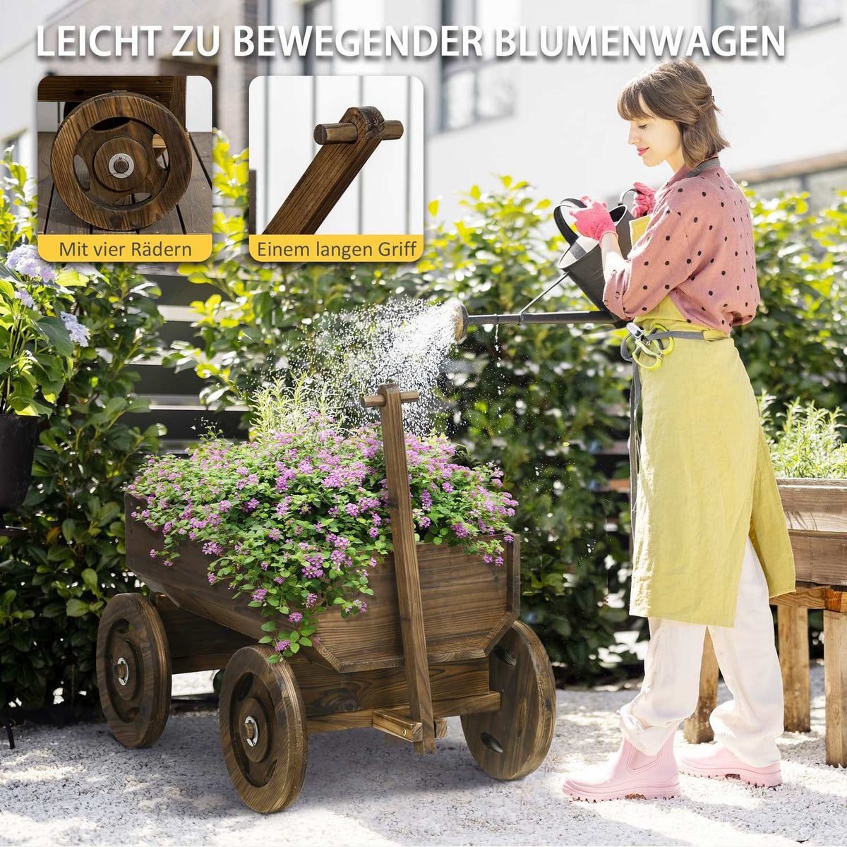 Raised Bed Wooden Trolley Design Flower Box, Plant Trolley, Load Capacity Up To 50 Kg, Charred, 120X53X55Cm