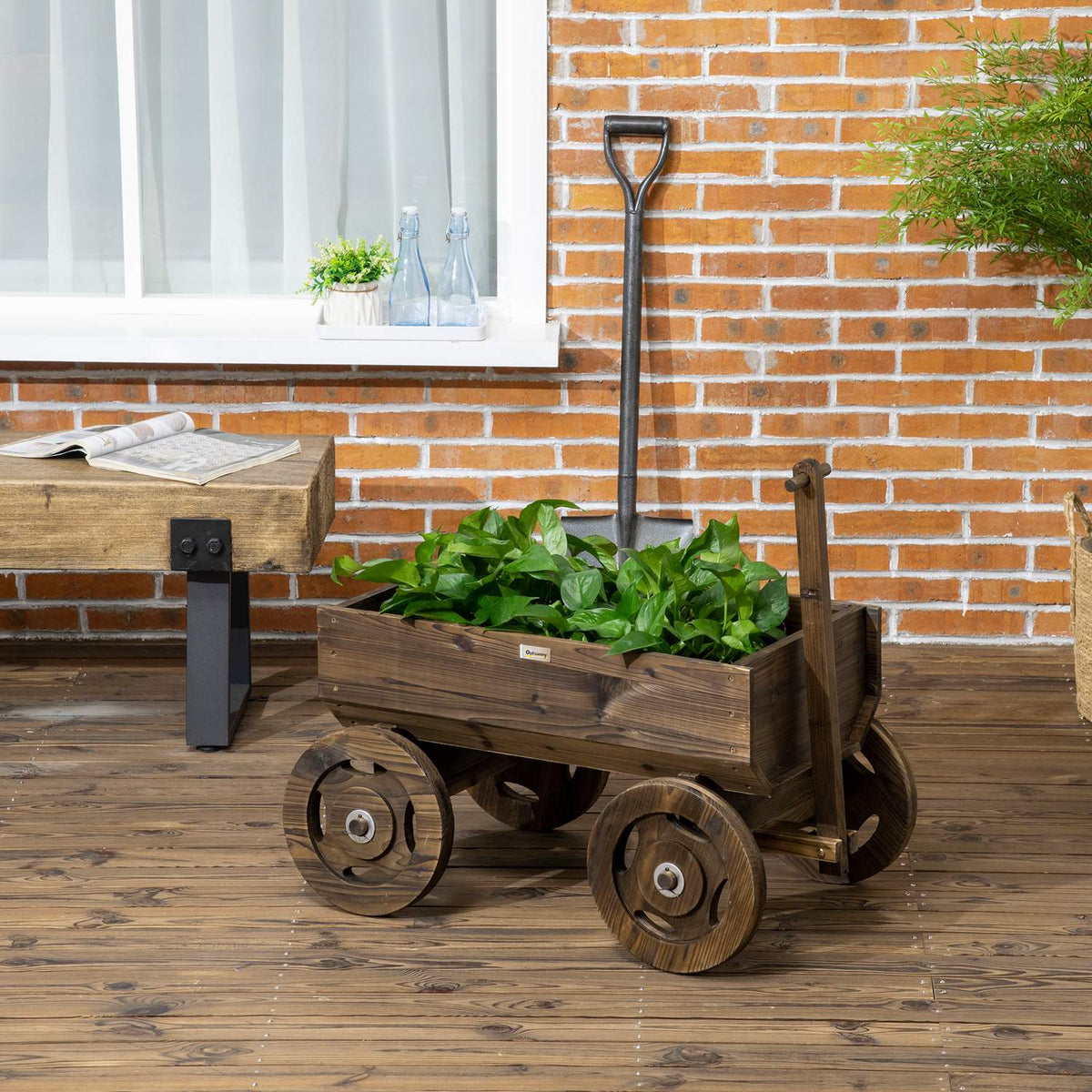 Raised Bed Wooden Trolley Design Flower Box, Plant Trolley, Load Capacity Up To 50 Kg, Charred, 120X53X55Cm