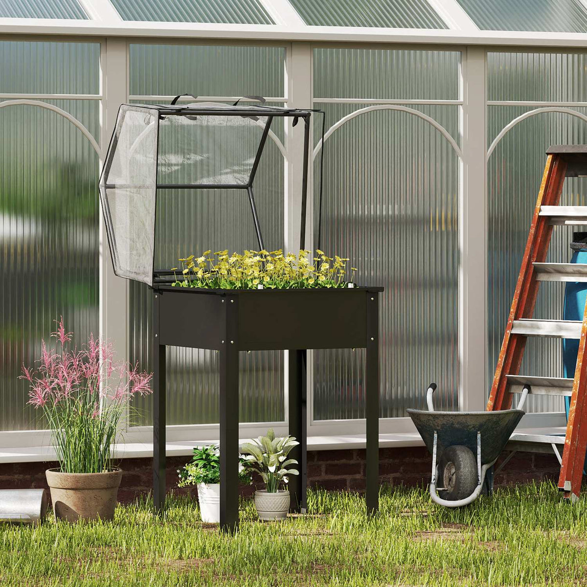 Raised Bed with Cover, Raised Herb Bed with Drainage Holes, Metal Plant Box, Weather Resistant Vegetable Bed, Garden Bed, Plant Bed for Garden, Balcony, 60 x 60 x 120 cm, Black