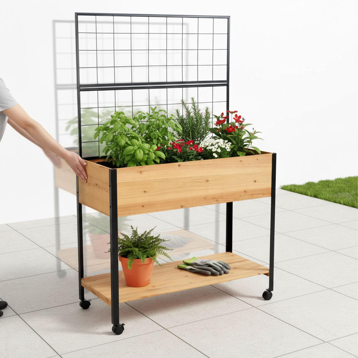 Raised Bed with Trellis and Shelf – Pine and Steel