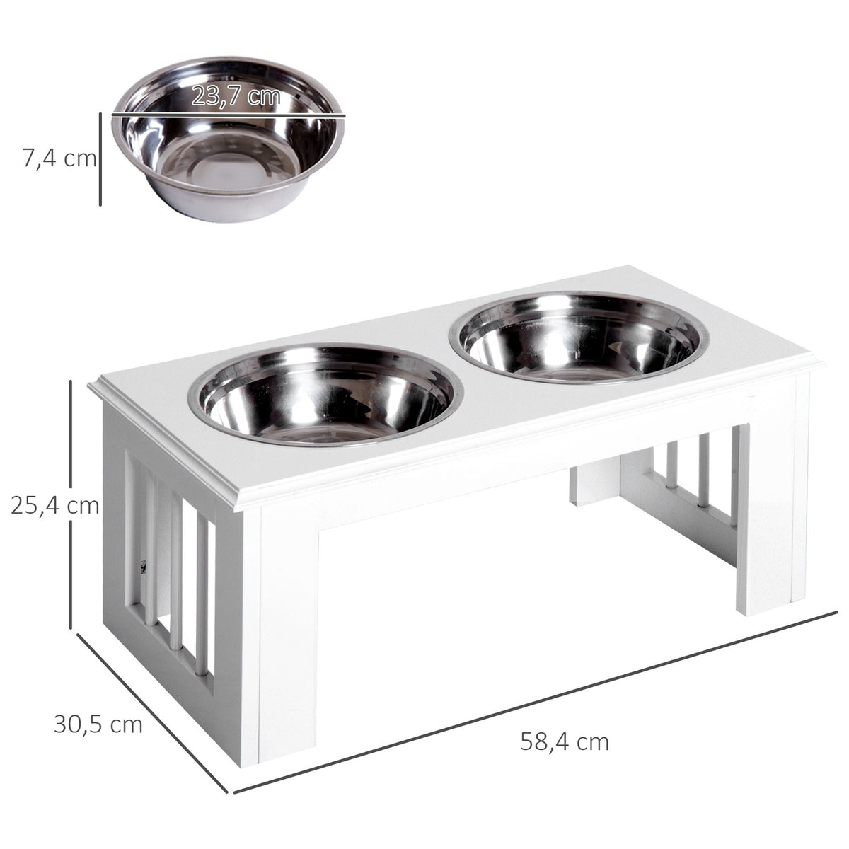 Raised Dog Bowl Food Bowl With Stainless Steel Bowls, Mdf, Anti-Slip, Easy Care, White, 58.4X30.5X25.4Cm