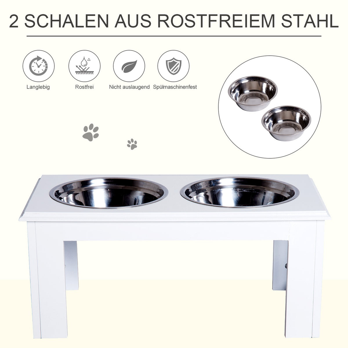 Raised Dog Bowl Food Bowl With Stainless Steel Bowls, Mdf, Anti-Slip, Easy Care, White, 58.4X30.5X25.4Cm