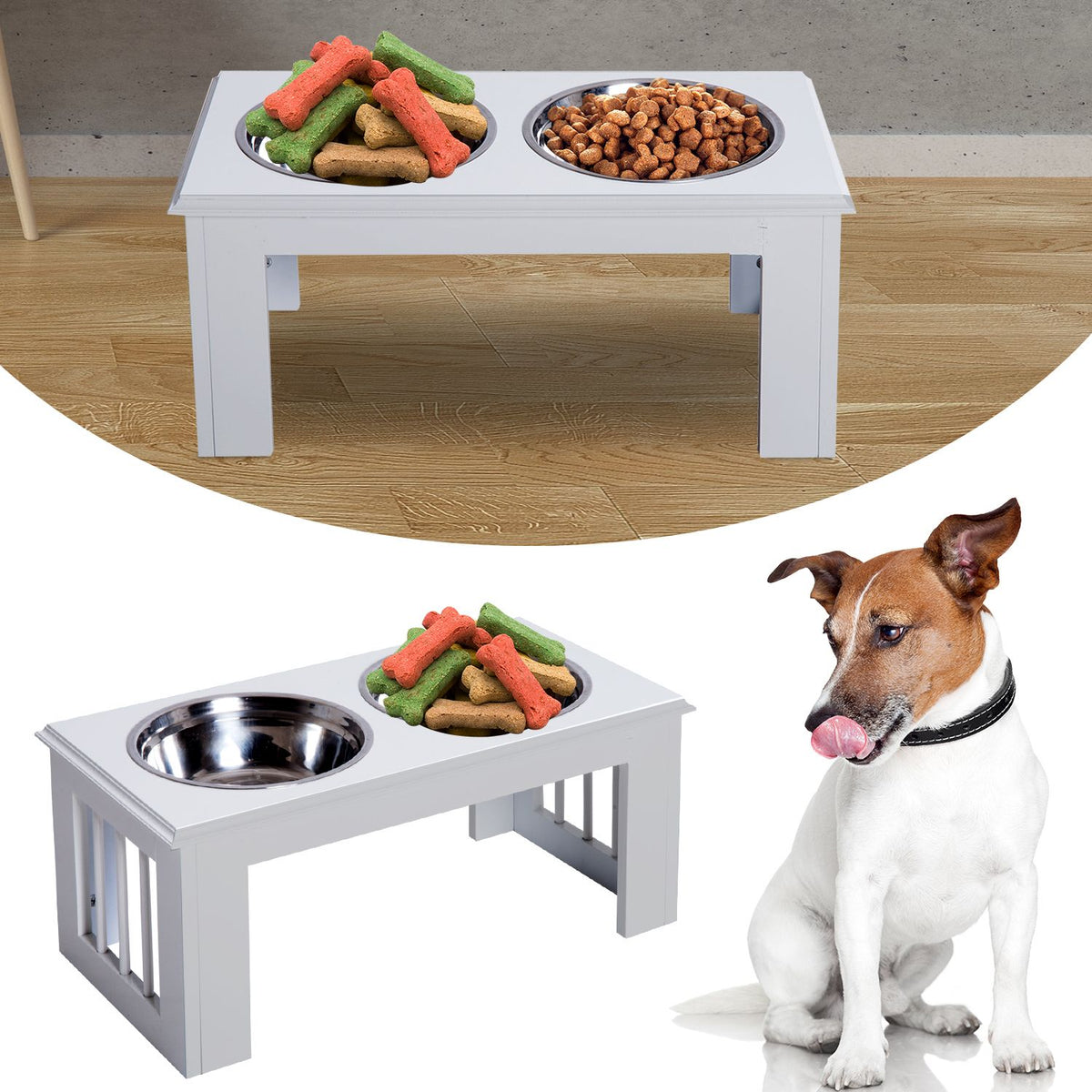 Raised Dog Bowl Food Bowl With Stainless Steel Bowls, Mdf, Anti-Slip, Easy Care, White, 58.4X30.5X25.4Cm