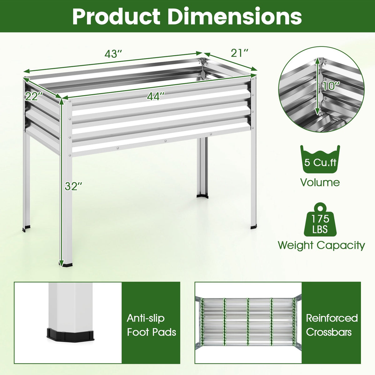 Raised Garden Bed With Legs, Metal Planter 44x22x32