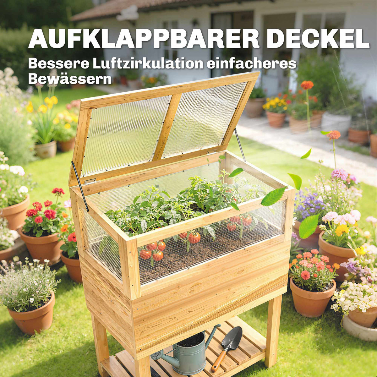 Raised Garden Bed with Cold Frame, Wood, 75L Capacity