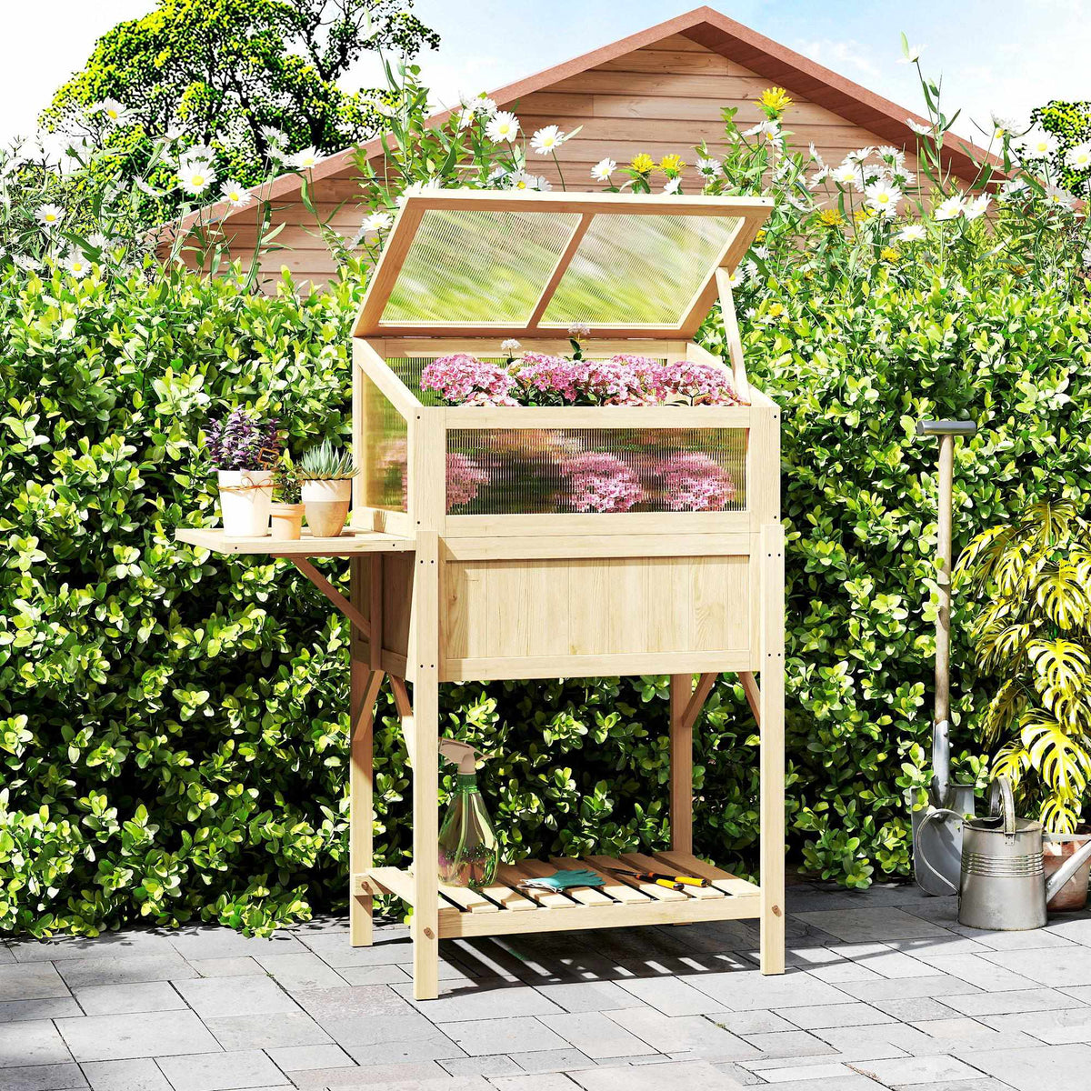 Raised Garden Bed with Cold Frame, Wood, Foldable Shelf