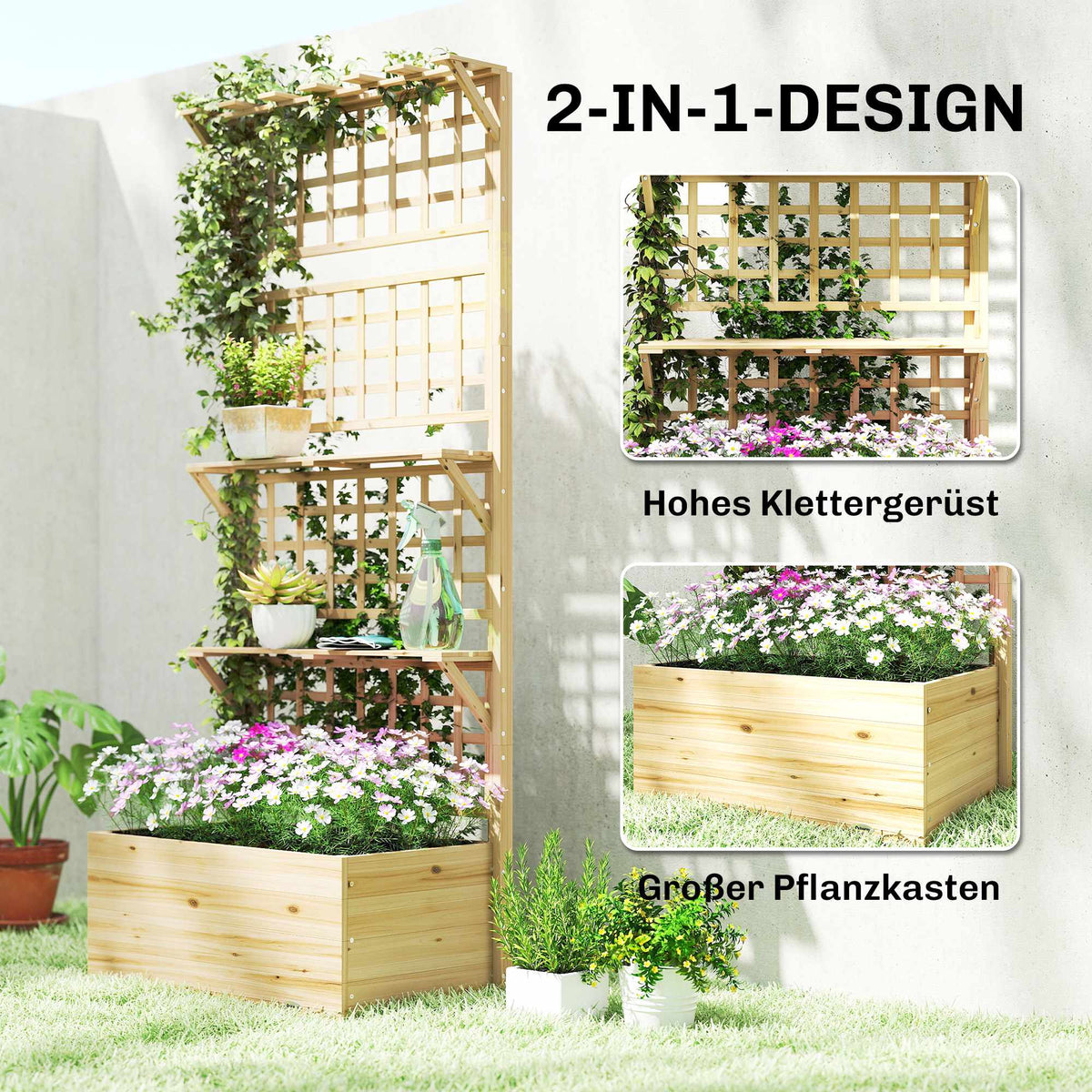 Raised Garden Bed with Trellis & Roof, Wood Planter Box