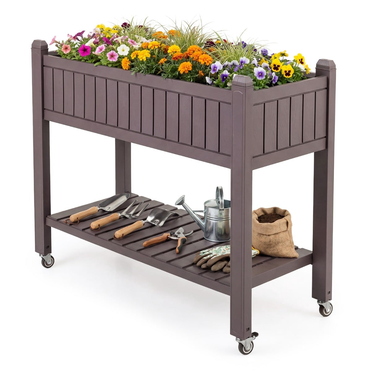 Raised Garden Bed with Wheels, Self-Watering, Brown
