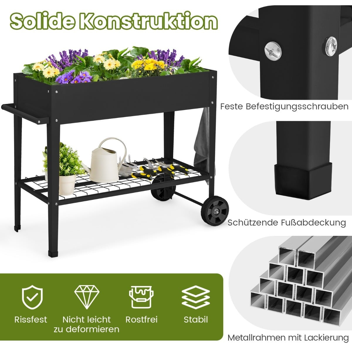 Raised Metal Garden Bed with Wheels, Shelf & Hooks - Black