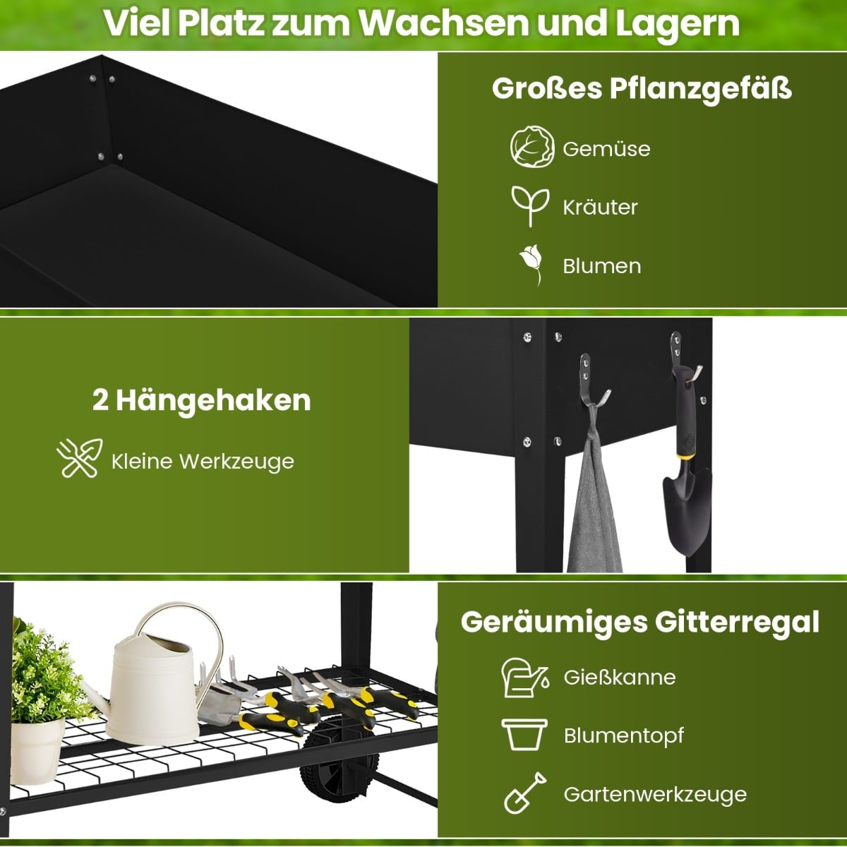 Raised Metal Garden Bed with Wheels, Shelf & Hooks - Black