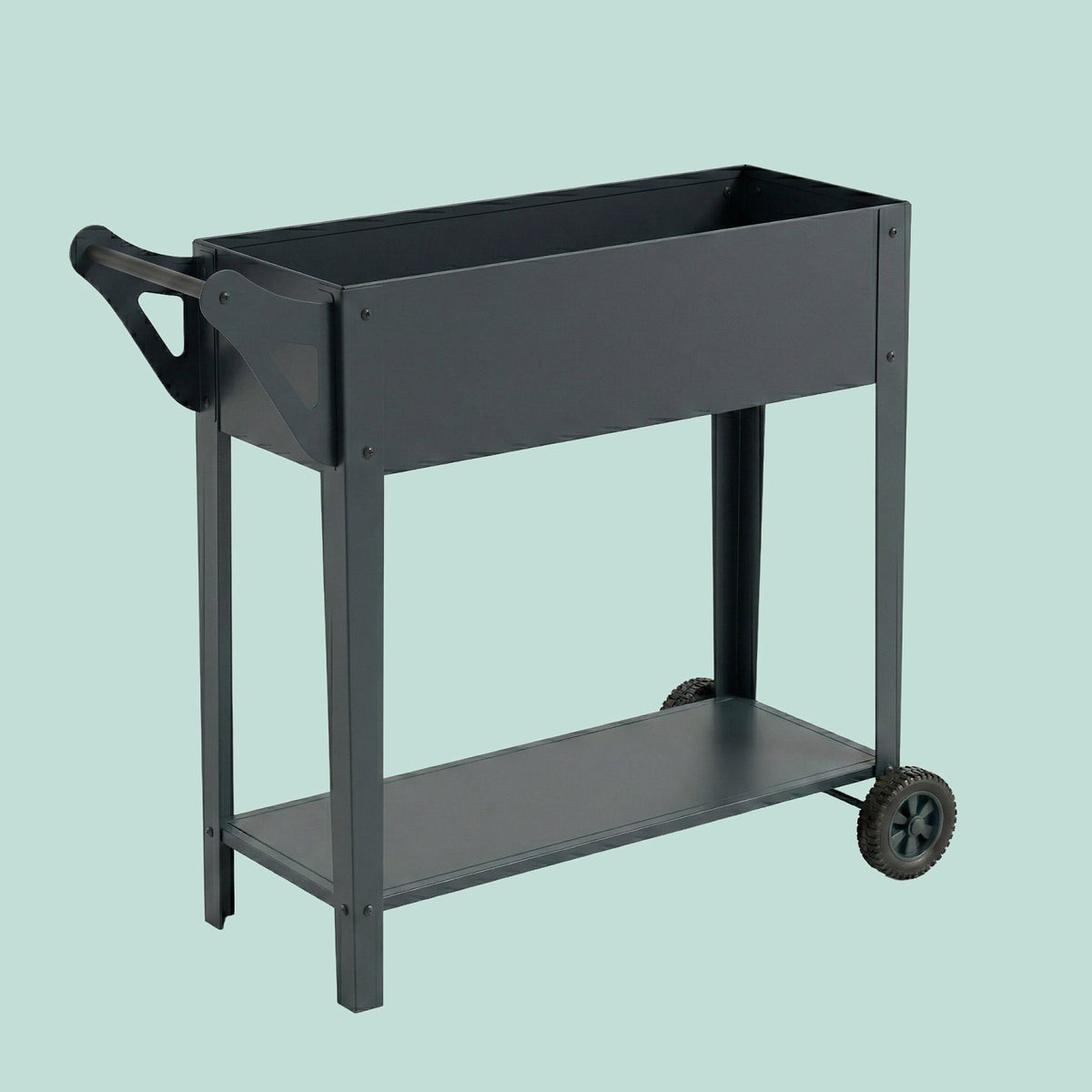 Raised Planter Box With Wheels And Storage Shelf