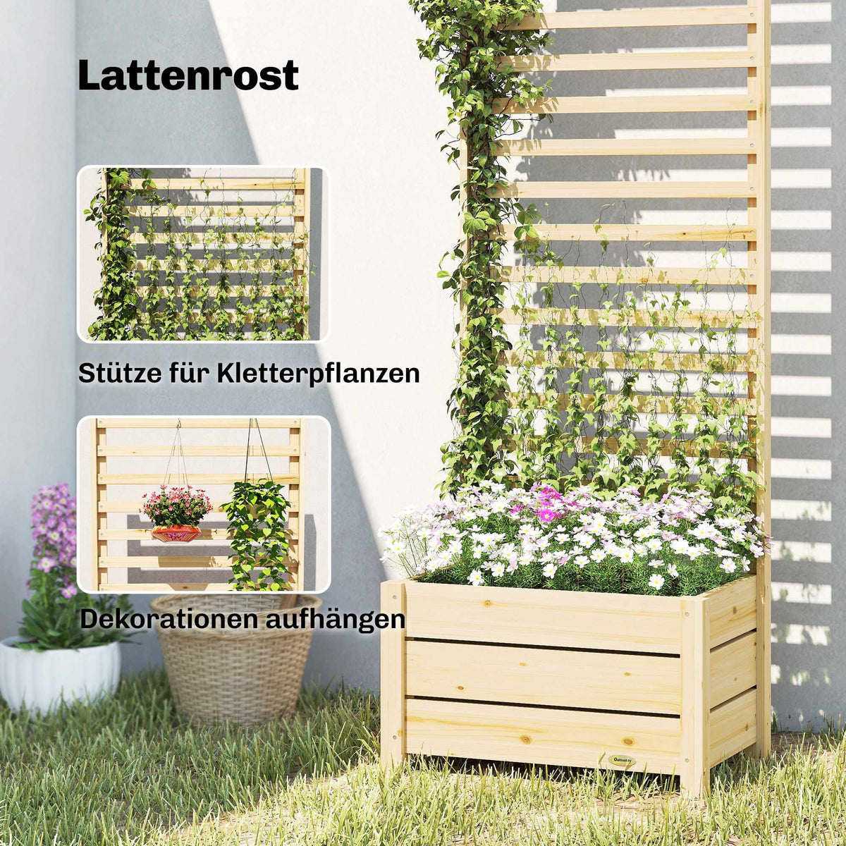 Raised Planter with Trellis, Wood, 60x39x200 cm, Drainage