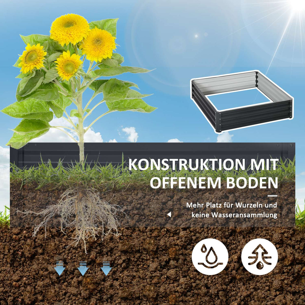 Raised bed made of steel flower box 120x120x30cm for garden terrace balcony grey, plant box vegetable bed