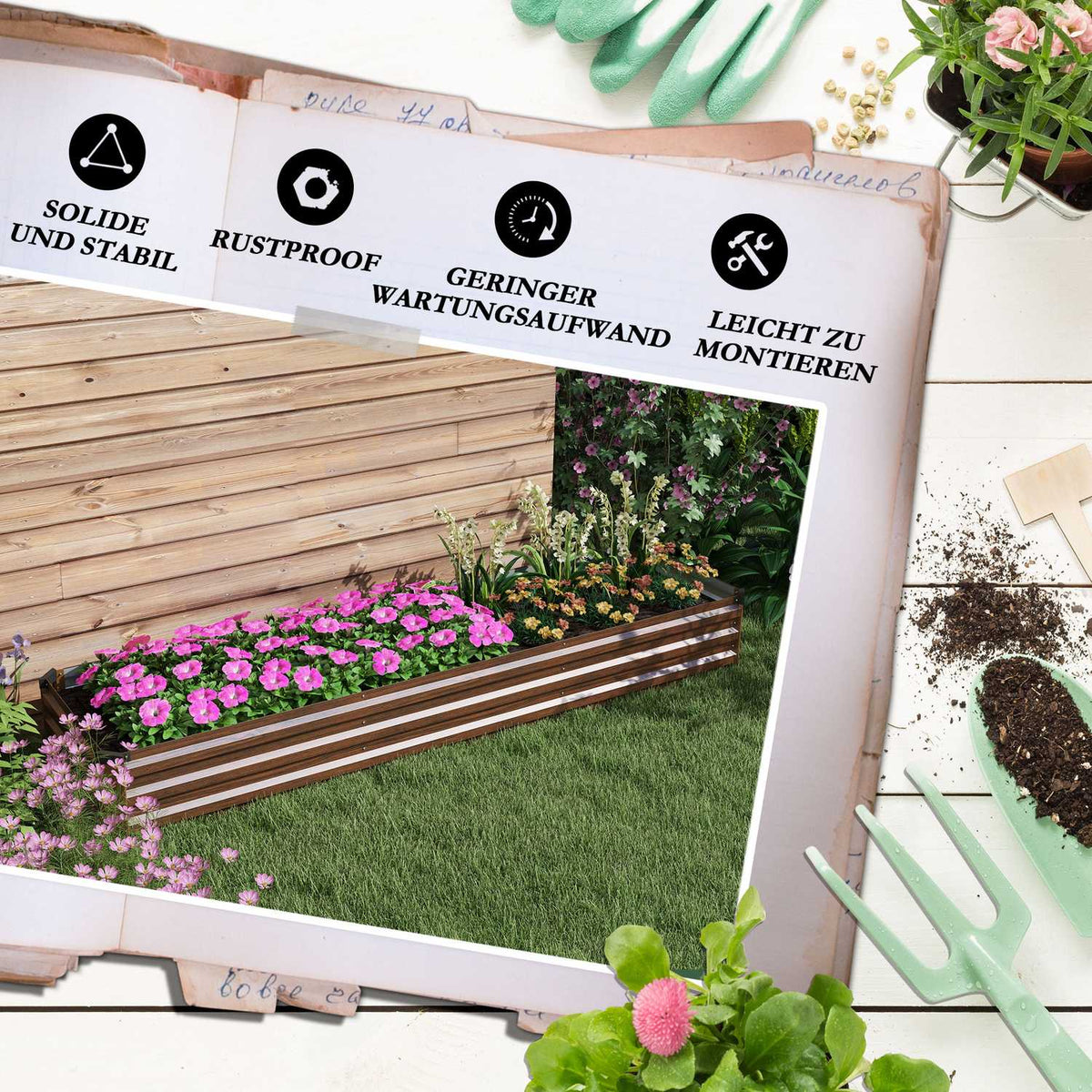 Raised bed made of steel, plant box with open bottom, flower box in wood look, vegetable bed & herb bed for balcony & garden, dark brown |