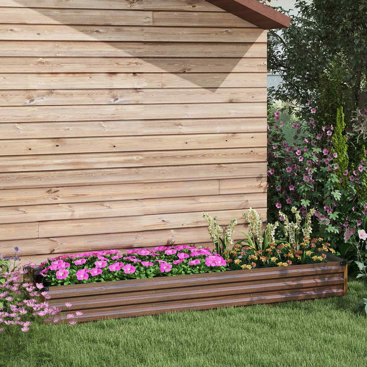 Raised bed made of steel, plant box with open bottom, flower box in wood look, vegetable bed & herb bed for balcony & garden, dark brown |