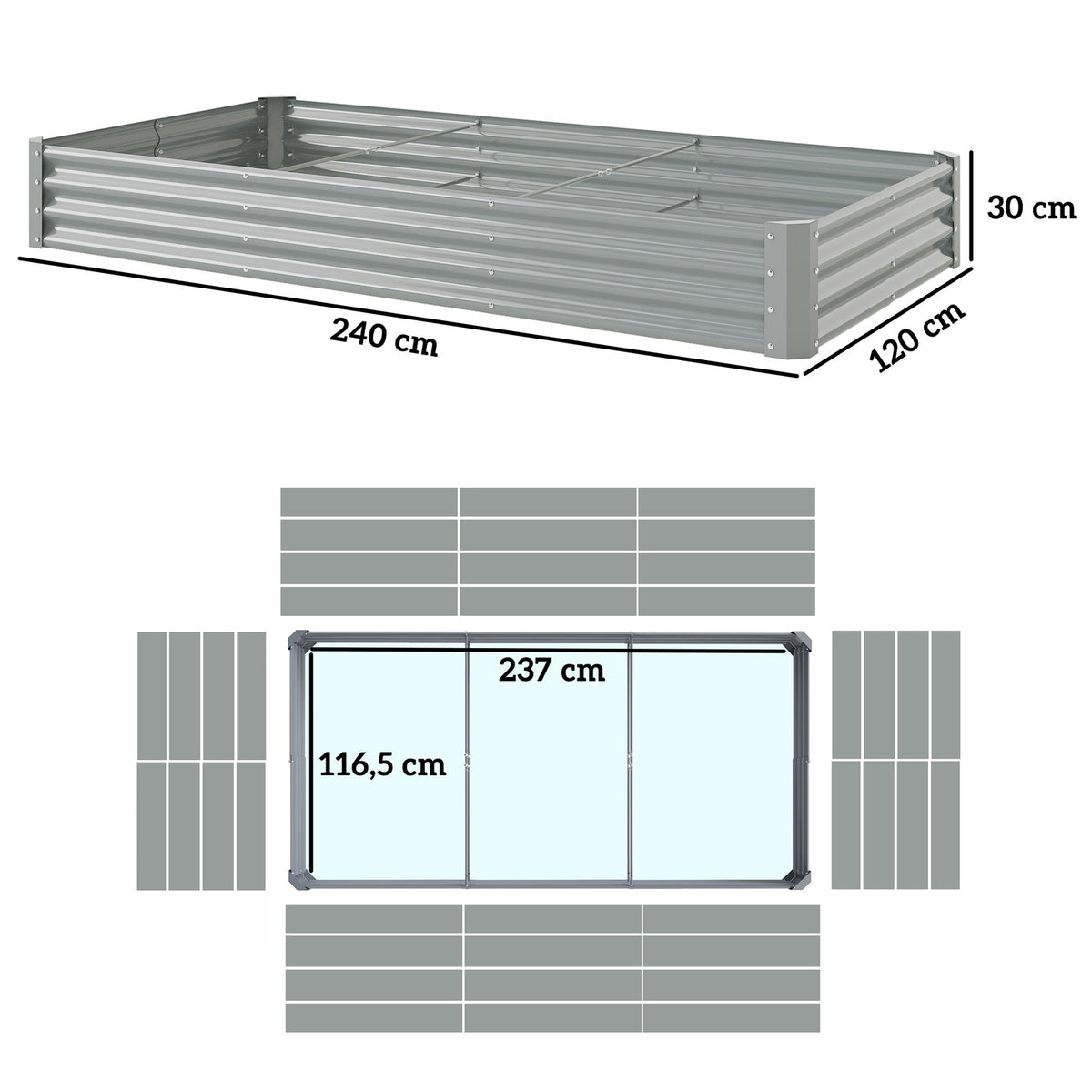 Raised bed made of steel, weather-resistant plant bed with anti-cut edge, cold frame, garden bed, rust-proof plant box, plant pot, 240 x 120 x 30 cm for garden, balcony, vegetable bed for flowers, vegetables