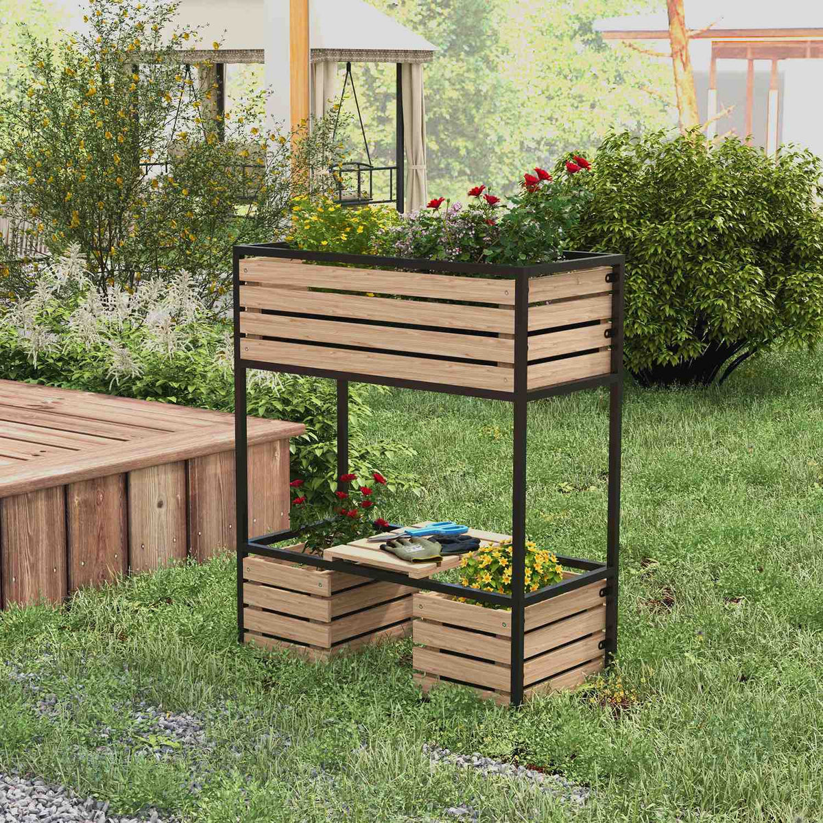 Raised bed made of wood, 2-tier flower box with shelf, raised vegetable bed with inner fleece, herb bed, light brown, 83 x 39 x 100 cm