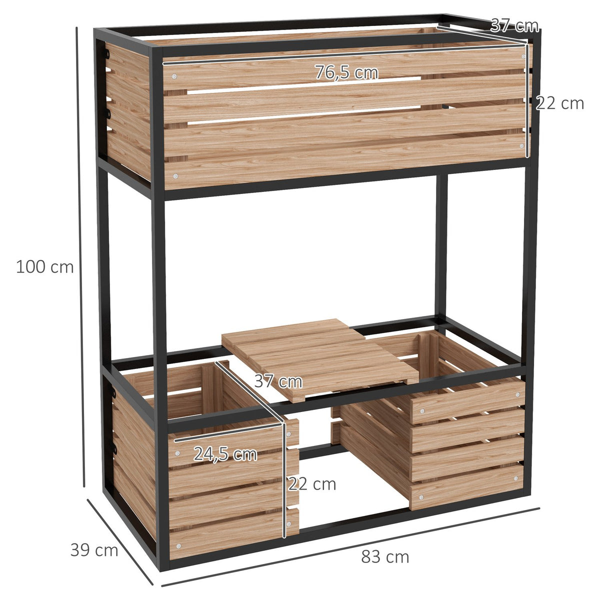 Raised bed made of wood, 2-tier flower box with shelf, raised vegetable bed with inner fleece, herb bed, light brown, 83 x 39 x 100 cm