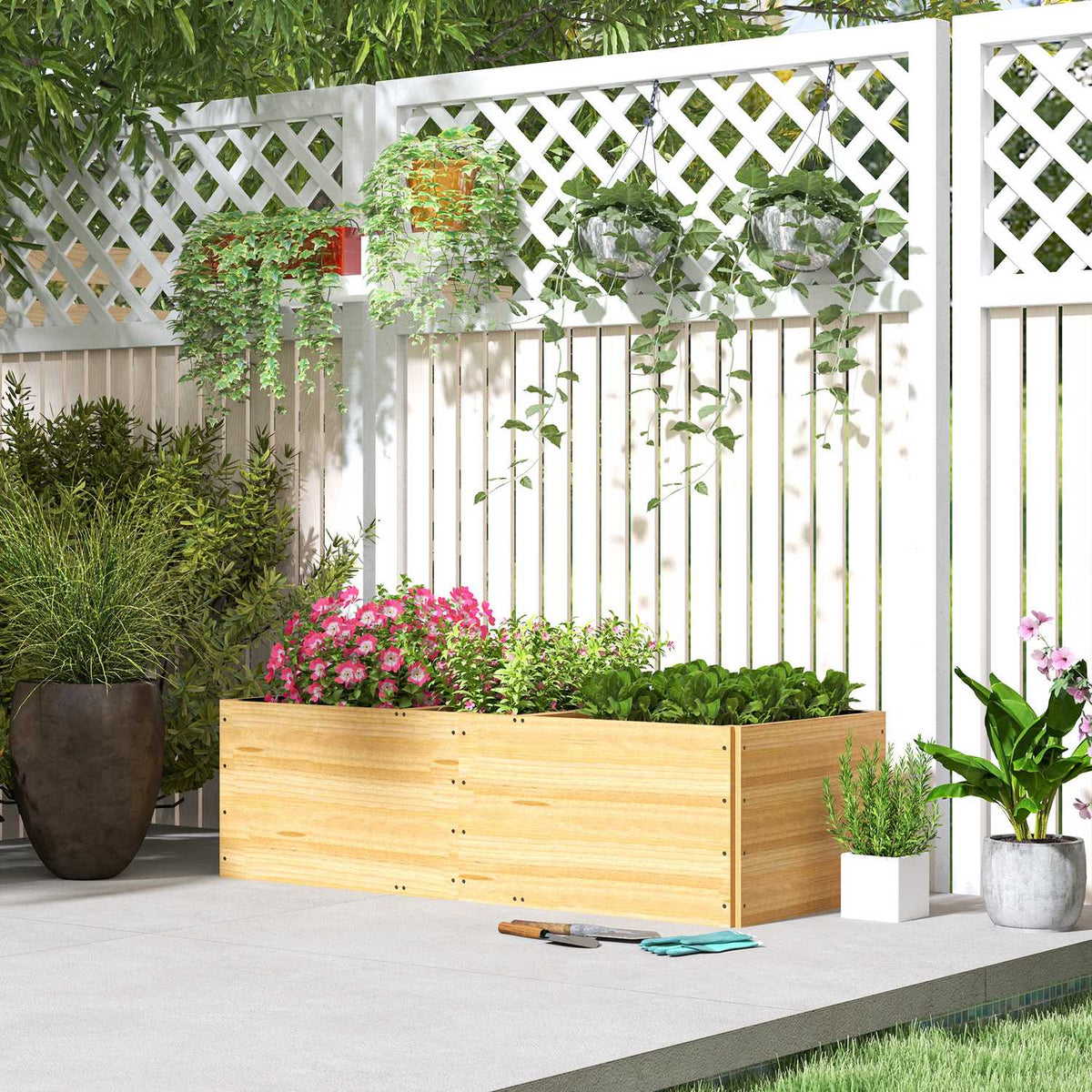 Raised bed made of wood, plant bed cold frame with 3 planting zones, garden bed flower box, plant box 140 x 60 x 40cm vegetable bed for garden balcony terrace, plant pot for flowers, plants, fruit