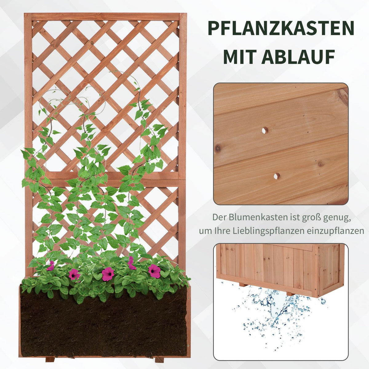 Raised bed, plant box with trellis, flower box, rose arch with trellis for climbing plants, wood, natural, 72.5x31.5x149.5cm