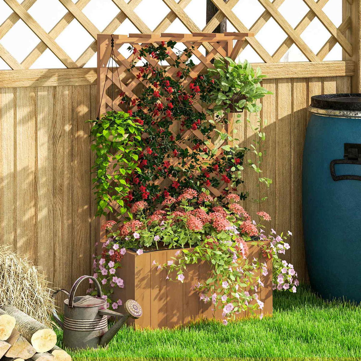 Raised bed plant box with trellis roof trellis plant pot flower box wood, garden trellis 64 x 33 x 122cm for garden balcony terrace, flower pot for climbing plants basket plants, flowers