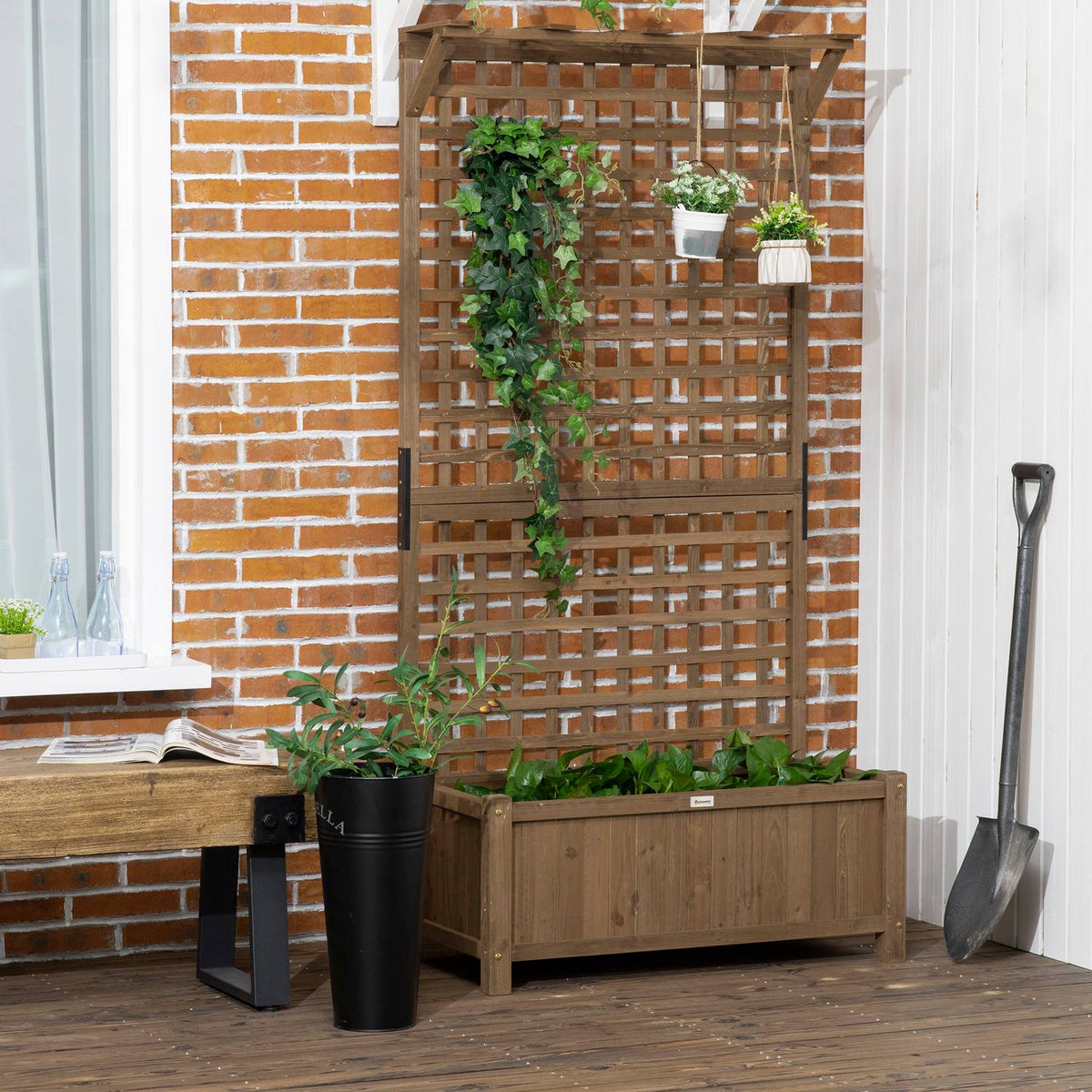 Raised bed plant box with trellis, trellis plant pot, flower box, wood, garden trellis 90 x 45 x 183 cm for garden, balcony, terrace, flower pot for climbing plants, basket plants, flowers