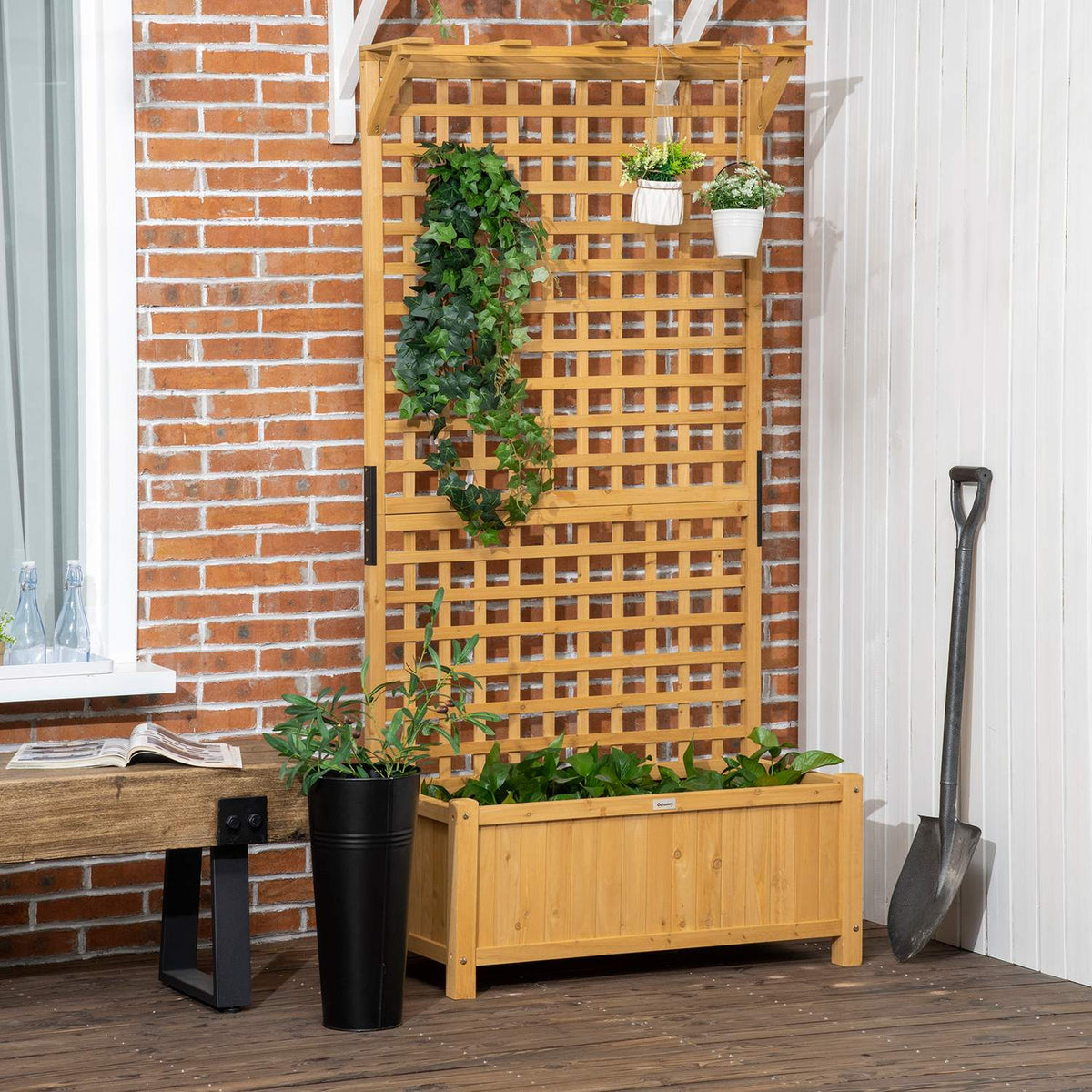 Raised bed plant box with trellis, trellis plant pot, flower box, wood, garden trellis 90 x 45 x 183 cm for garden, balcony, terrace, flower pot for climbing plants, basket plants, flowers
