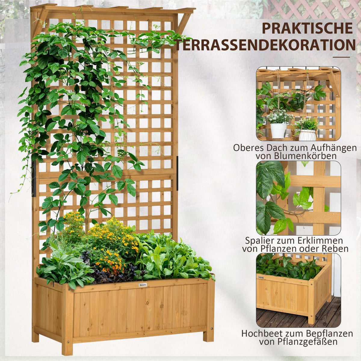 Raised bed plant box with trellis, trellis plant pot, flower box, wood, garden trellis 90 x 45 x 183 cm for garden, balcony, terrace, flower pot for climbing plants, basket plants, flowers